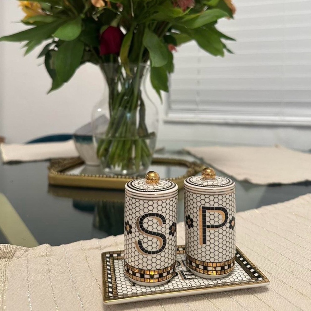 By Anthropologie Porcelain Bon Appetit Salt + Pepper Shakers w/ Tray, Gold Inlay
